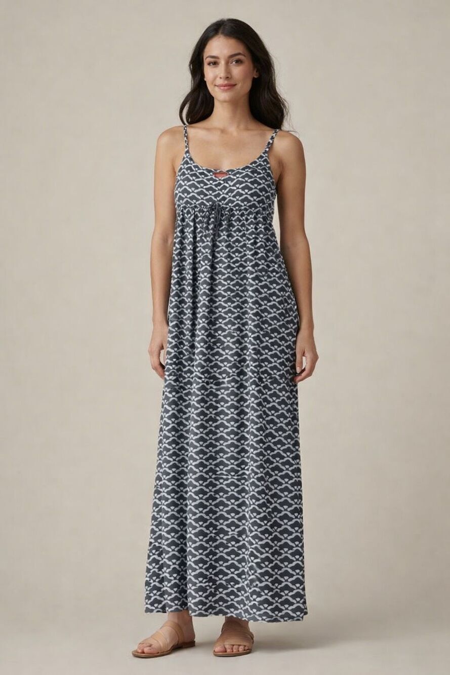 Tommy Bahama Relax Maxi Dress Gray White Print Size 8 Spaghetti Strap